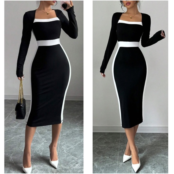 Luxe Color Block Fitted Bodycon Long Sleeve Dress - Picture 3 of 4